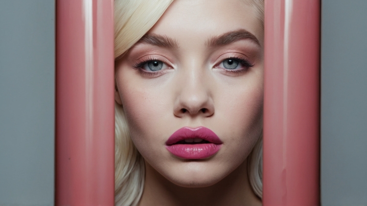 Blonde woman with blue eyes and pink lipstick looking through iron cage bars against grey wall with pink tube.