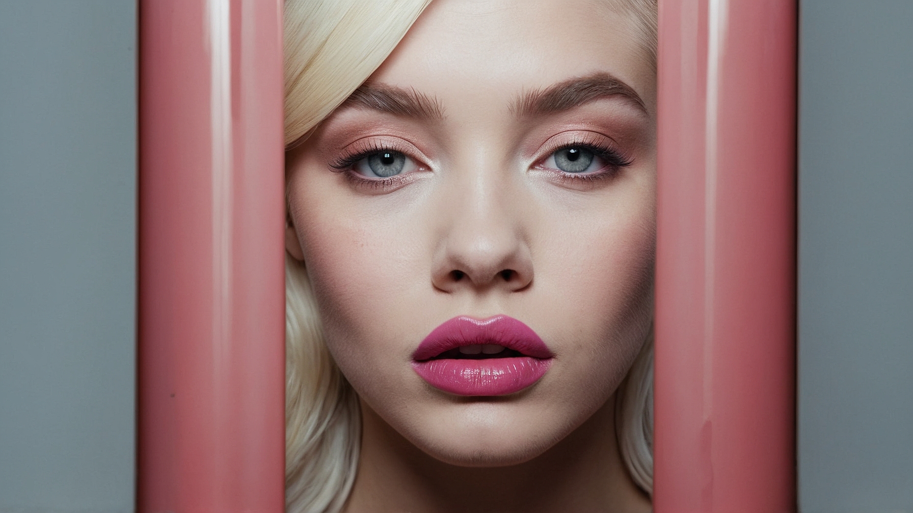 Blonde woman with blue eyes and pink lipstick looking through iron cage bars against grey wall with pink tube.
