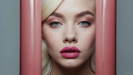 Blonde woman with blue eyes and pink lipstick looking through iron cage bars against grey wall with pink tube.