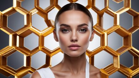 Portrait of a woman with radiant skin in front of golden honeycomb background, wearing white top, symbolizing natural beauty and elegance.