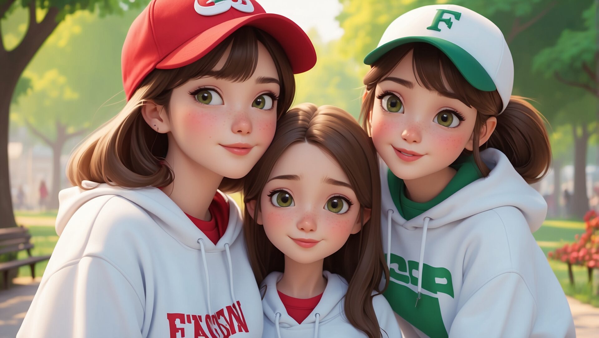 Three animated girls in sweatshirts and baseball caps pose in a park, smiling in Disney Pixar-inspired illustration style.