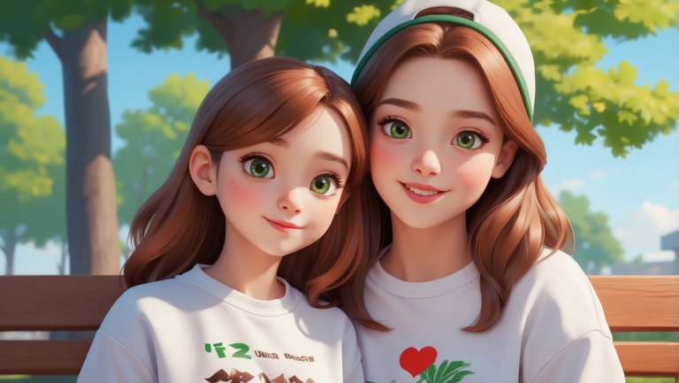 3D illustration of two cute girls with brown hair, green eyes, white t-shirts with hearts, Pixar-inspired storybook lighting, park bench background.