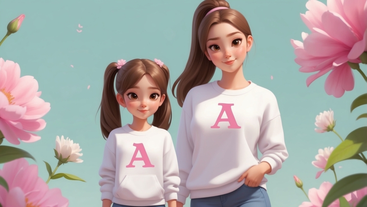 Disney Pixar style illustration of a girl with pigtails and her mother in matching white sweatshirts with pink "A" against pastel floral background.