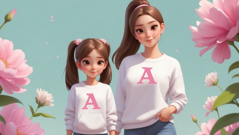 Disney Pixar style illustration of a girl with pigtails and her mother in matching white sweatshirts with pink "A" against pastel floral background.