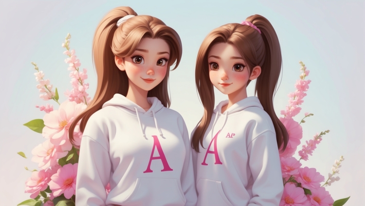 Anime-style illustration of two girls with brown pigtails in white sweatshirts with "A", pink flowers behind, Disney Pixar animation style.
