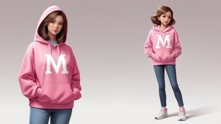 3D isometric render of a cute woman in pink hoodie with white "M" logo, short brown hair, blue jeans, plain background.