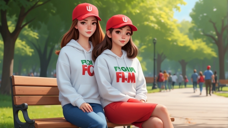 Pixar-style illustration of two female characters on a park bench, wearing white hoodies with red text and baseball caps with names.