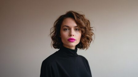 Portrait of an attractive woman with wavy bob-cut brown hair, wearing a black turtleneck and pink lipstick, neutral background.