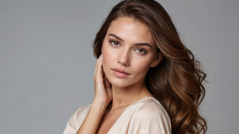 Beautiful woman with long brown hair in beige top, touching her face and looking at camera against gray background.