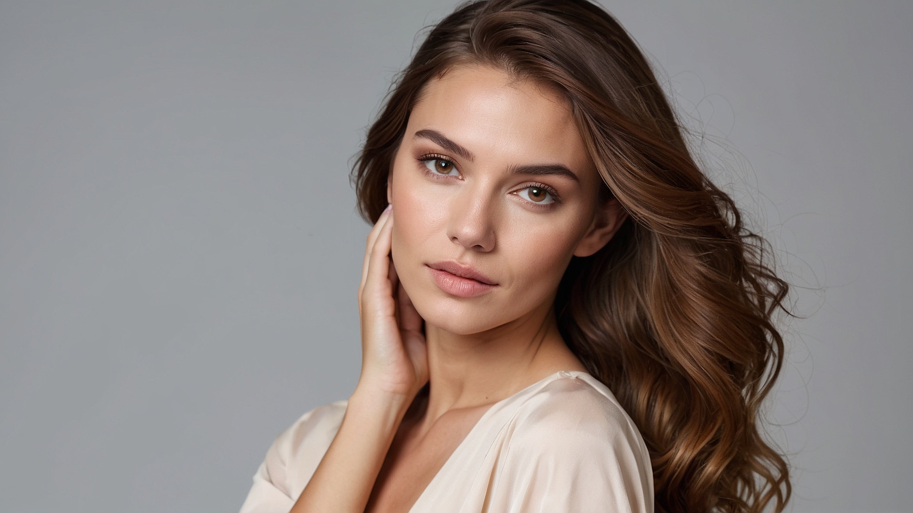 Beautiful woman with long brown hair in beige top, touching her face and looking at camera against gray background.