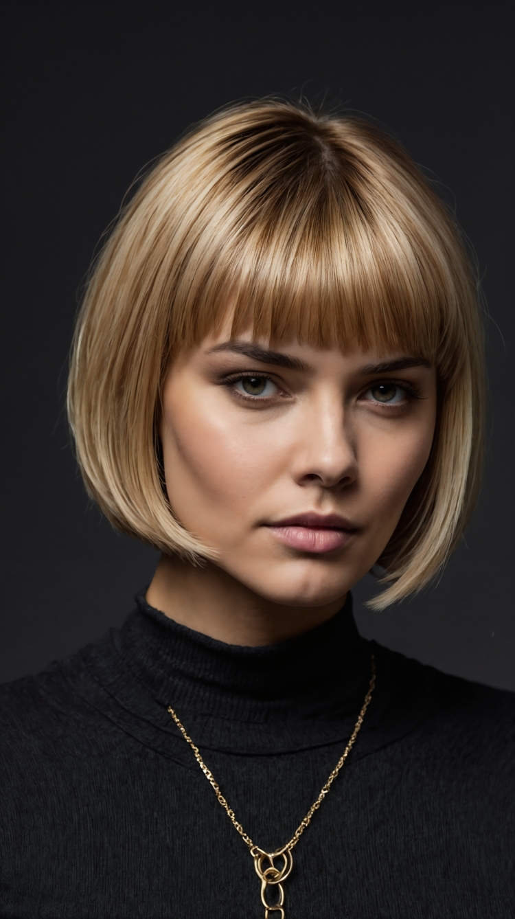 Close-up portrait of a woman with a blonde bob haircut and bangs wearing a black turtleneck and gold necklace against a dark background
