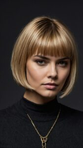 Close-up portrait of a woman with a blonde bob haircut and bangs wearing a black turtleneck and gold pendant necklace against dark background