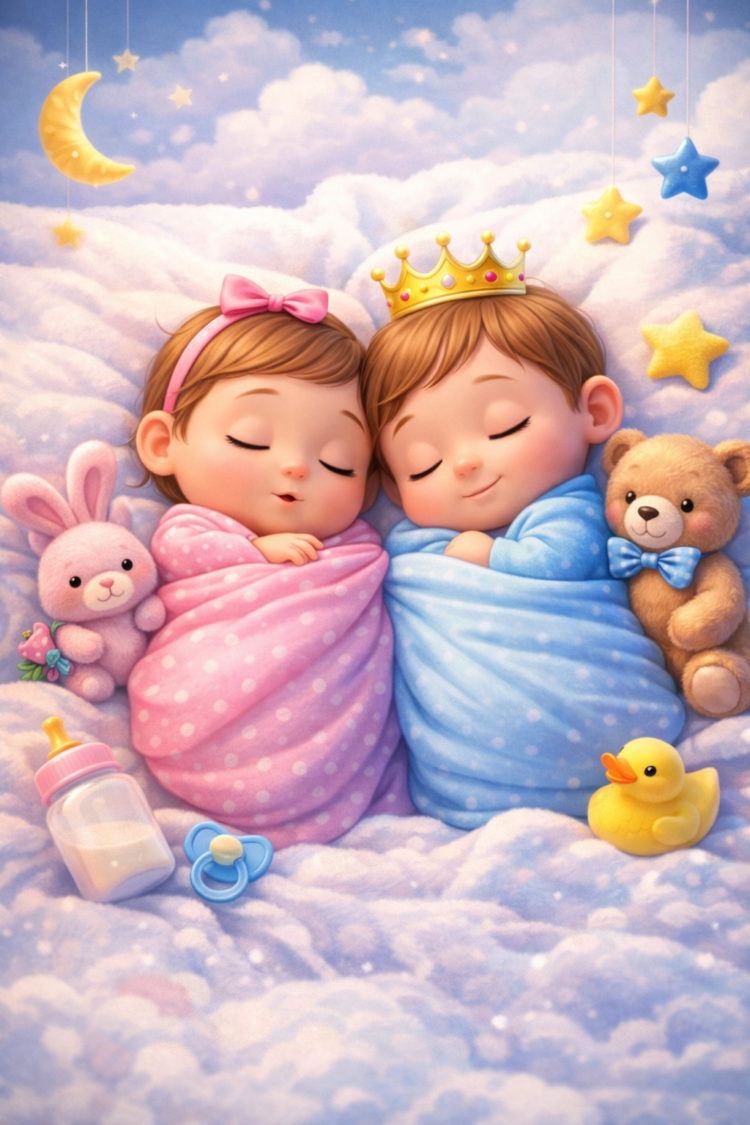 Illustration of two sleeping babies wrapped in pink and blue polka dot blankets surrounded by plush toys and a dreamy sky background