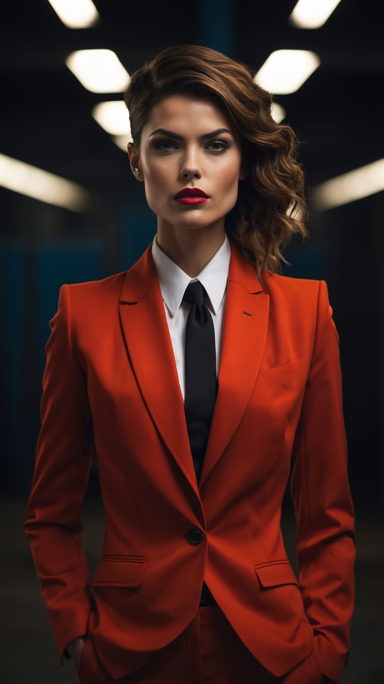 free ai woman portrait photo in orange suit