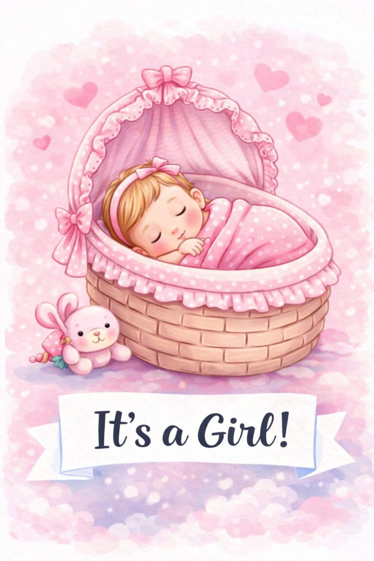baby girl announcement template with sleeping newborn in pink cradle