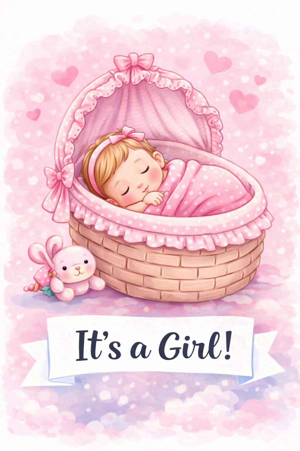 baby girl announcement template with sleeping newborn in pink cradle