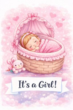 baby girl announcement template with sleeping newborn in pink cradle