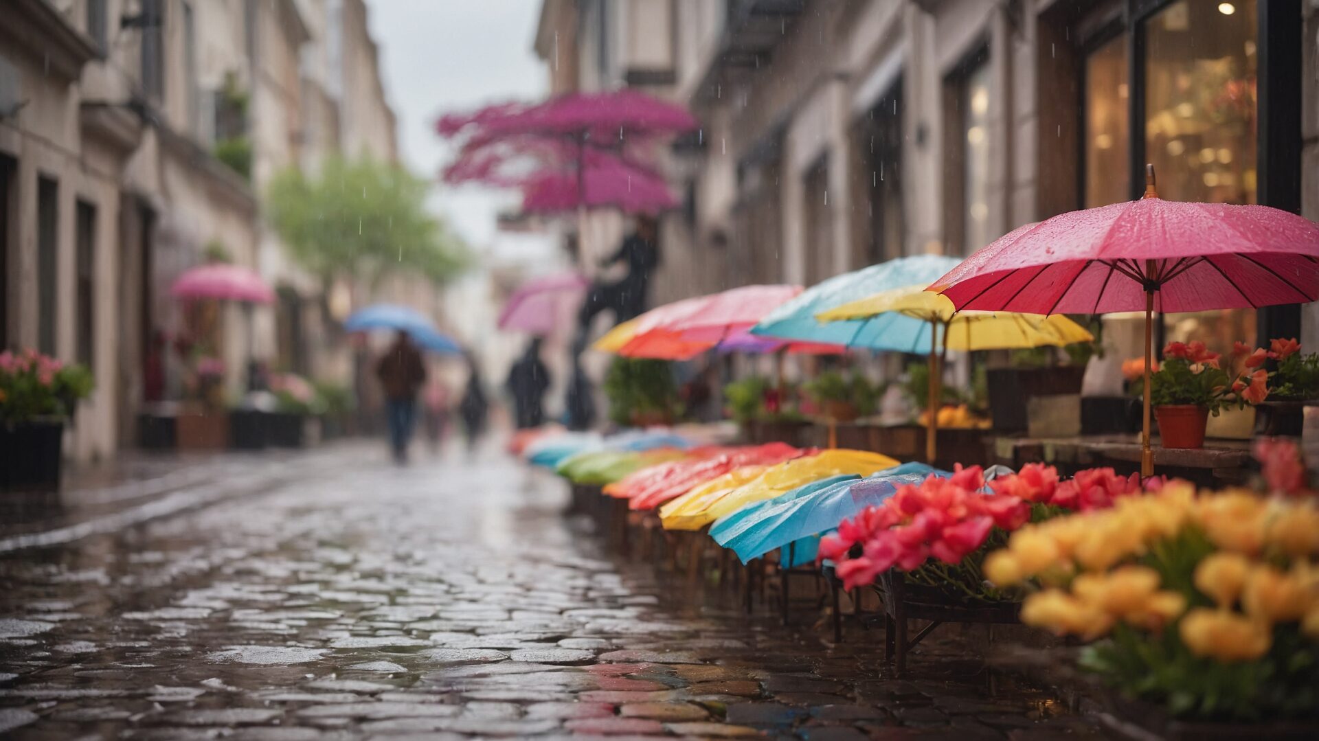 free ai colorful umbrellas on rainy cobblestone city street urban image
