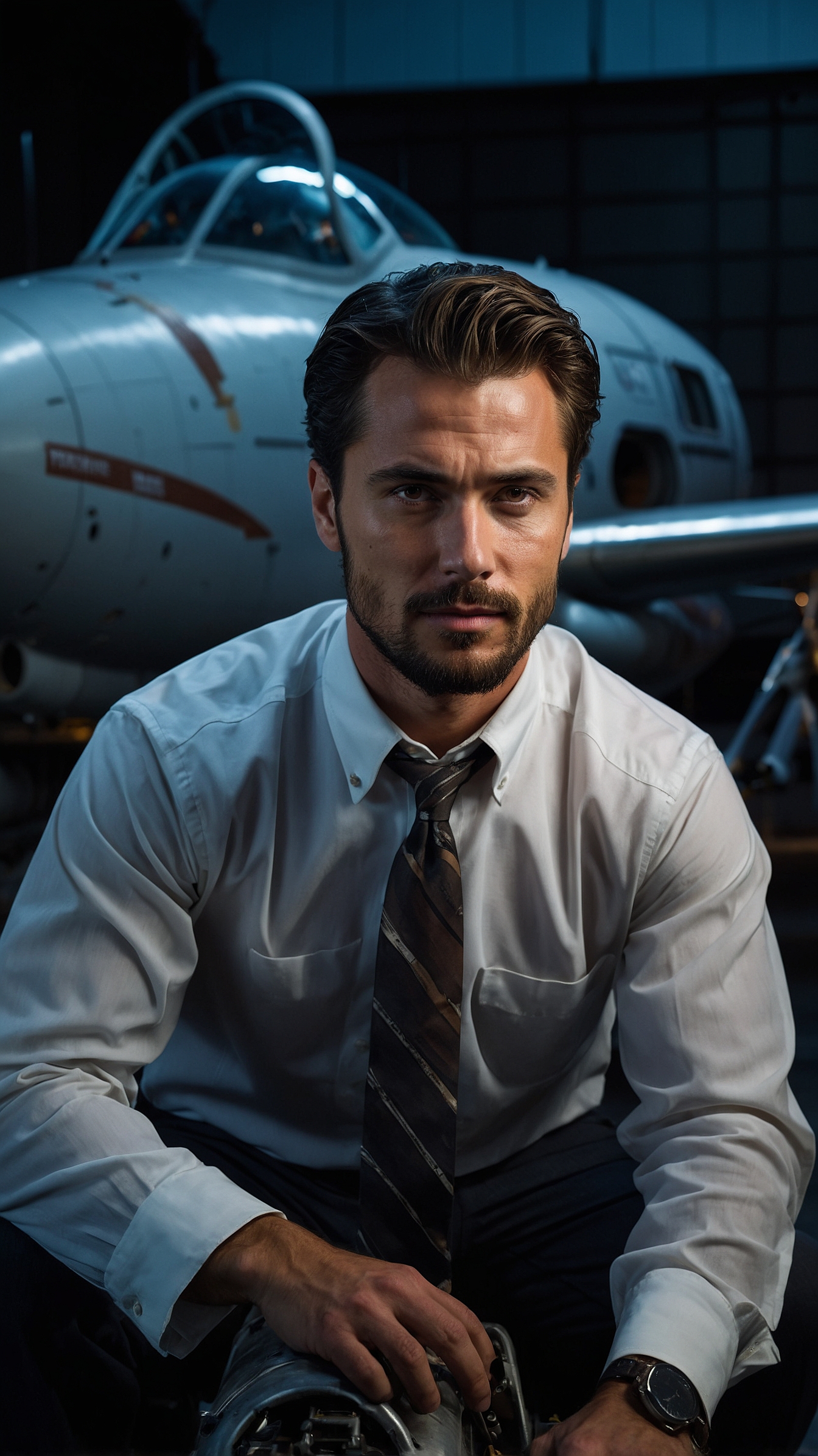 Portrait of a serious male pilot in white shirt and tie seated in front of a vintage military jet in a hangar