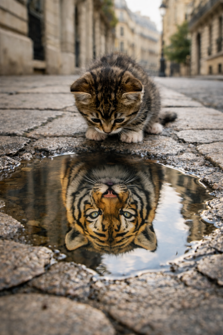 Kitten Seeing Tiger Reflection in Puddle (Free AI Image)