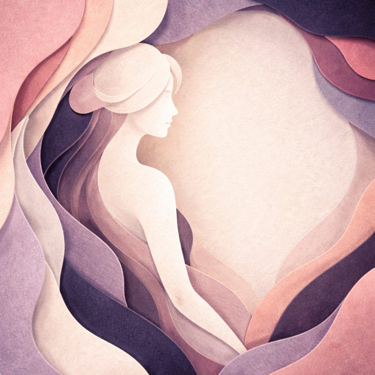 Abstract depiction of a serene woman in soft flowing layers of pink, purple, and beige tones, blending into an elegant composition