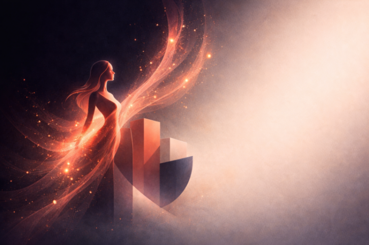 Stylized female figure glowing with flowing light beside a segmented shield against dark and light background