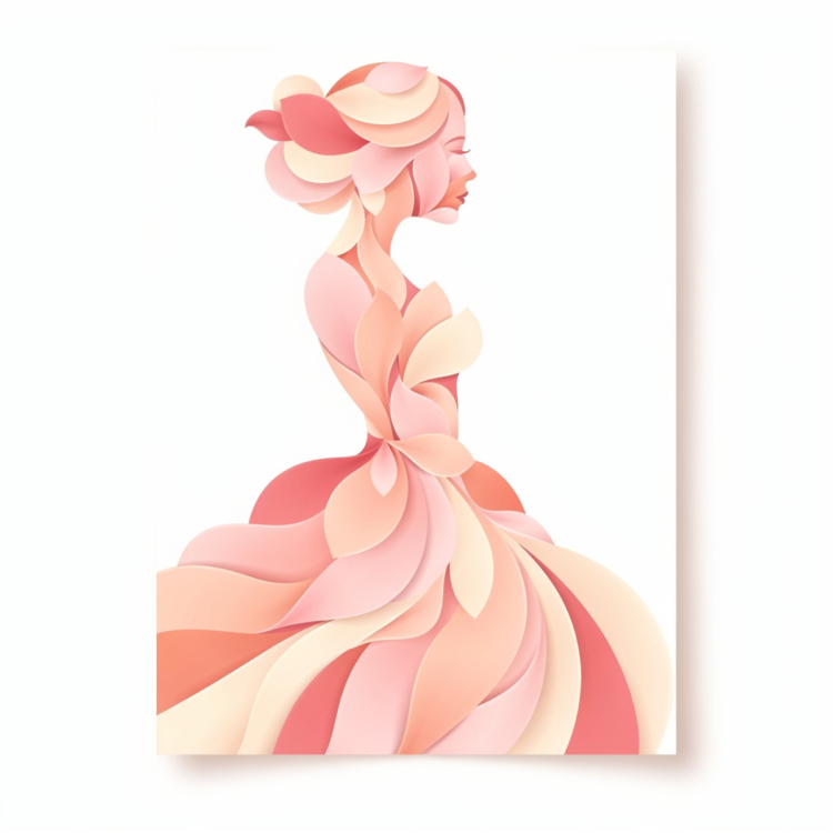 Side profile of a woman composed of soft abstract floral shapes in pink and peach tones