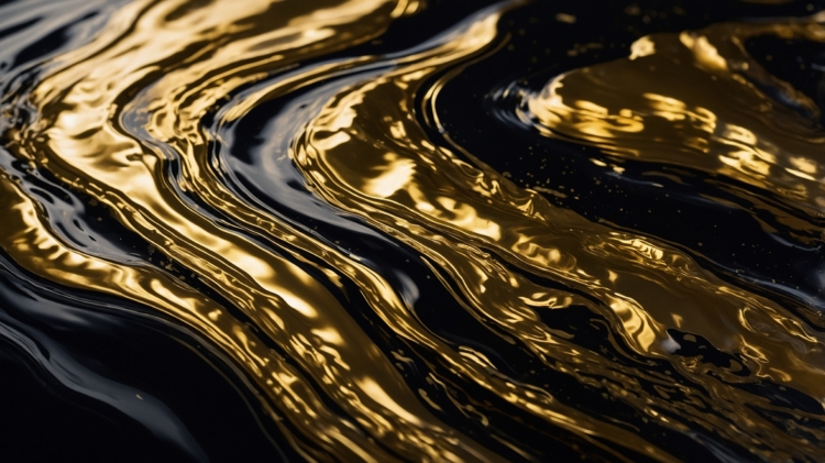 Close-up of flowing golden liquid texture with shiny smooth waves on a dark background, creating an elegant abstract effect
