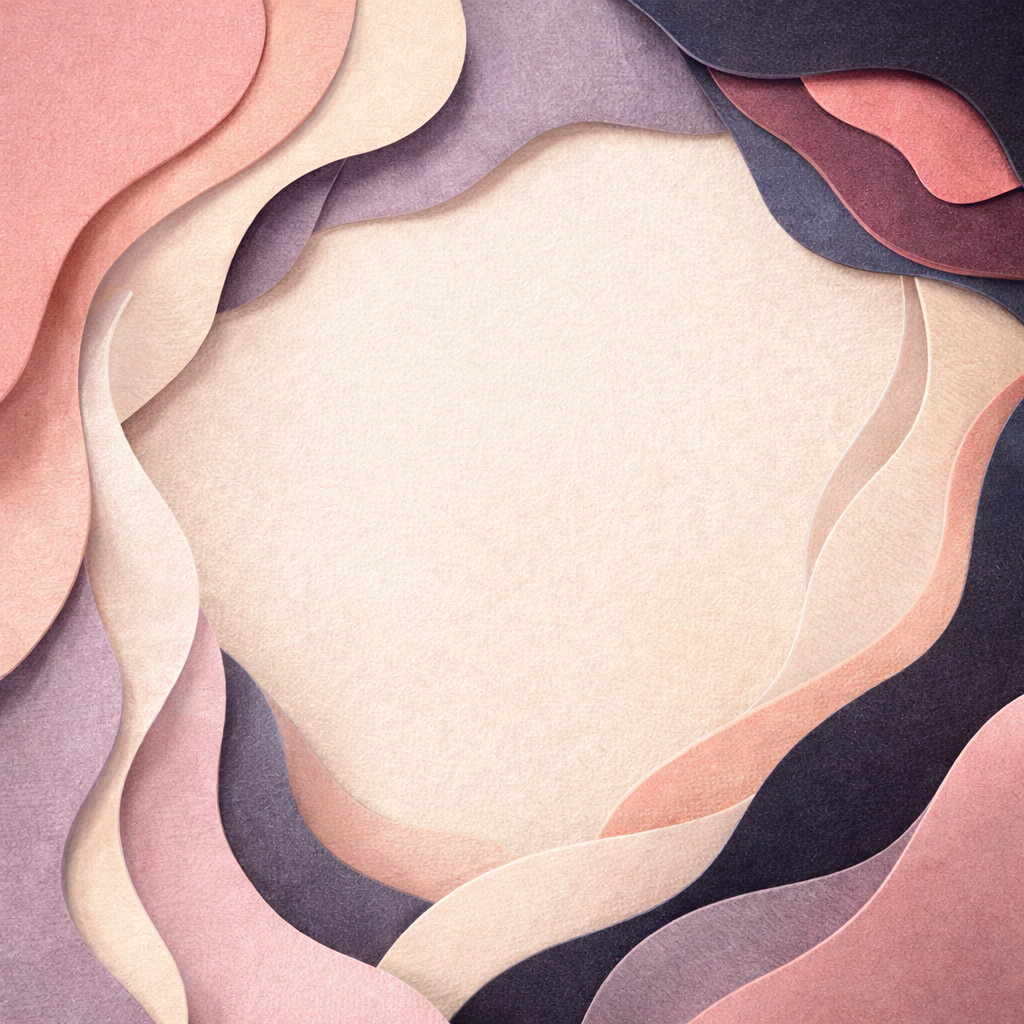 Abstract art with layered paper-cut shapes in pastel pinks, purples, and creams forming an organic frame
