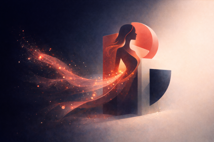 Abstract digital artwork of a woman's silhouette with flowing glowing orange energy and geometric shapes on a dark background
