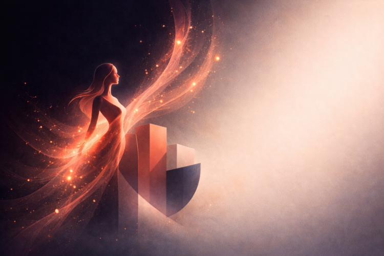 Abstract digital artwork showing a glowing woman figure with flowing light and geometric shield and bar shapes on dark background