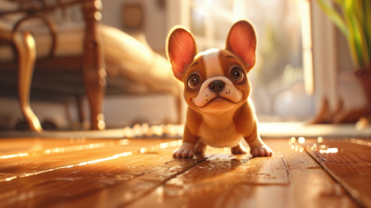 3D rendered image of a cute brown and white puppy with large eyes and ears, standing on a shiny wooden floor indoors with warm sunlight.