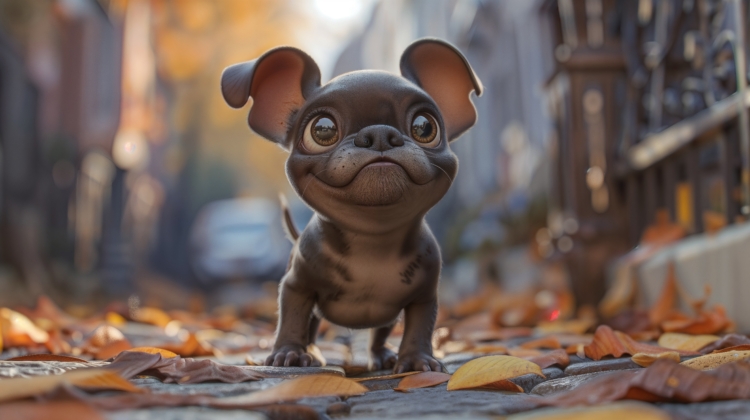 A cute 3D-rendered puppy with large eyes and ears standing on an autumn street covered in fallen leaves.