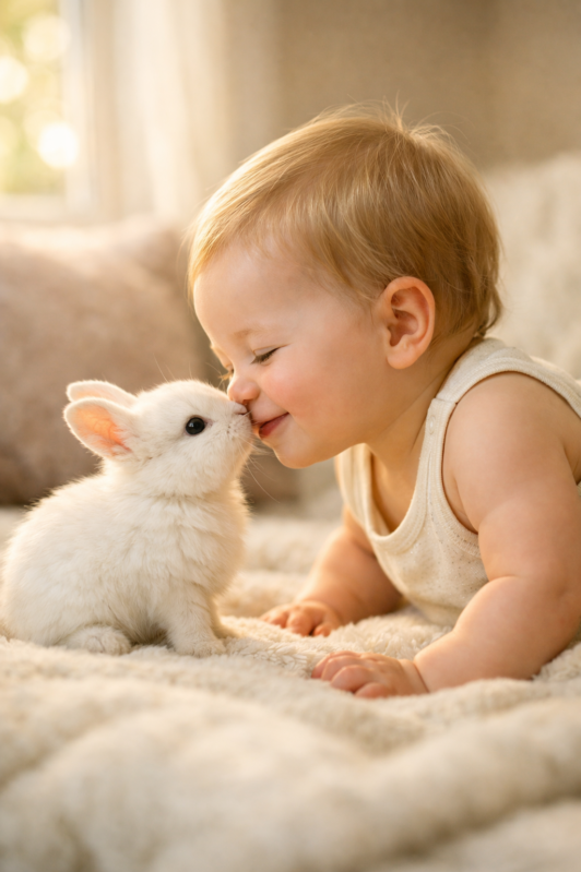 A smiling baby nose to nose with a small fluffy white rabbit on a soft blanket in warm natural light