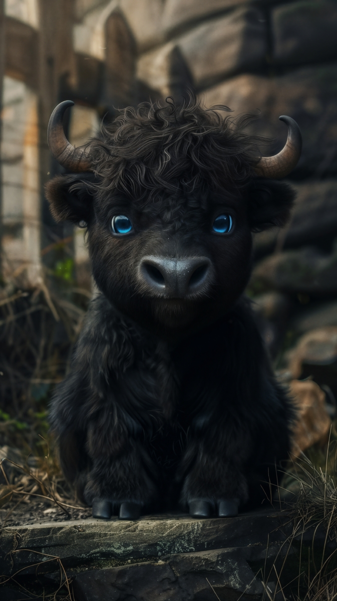 Adorable baby bison with curly black fur and bright blue eyes sitting on a rock in a rustic outdoor setting