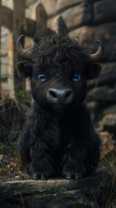 Adorable baby bison with curly black fur and bright blue eyes sitting on a rock in a rustic outdoor setting