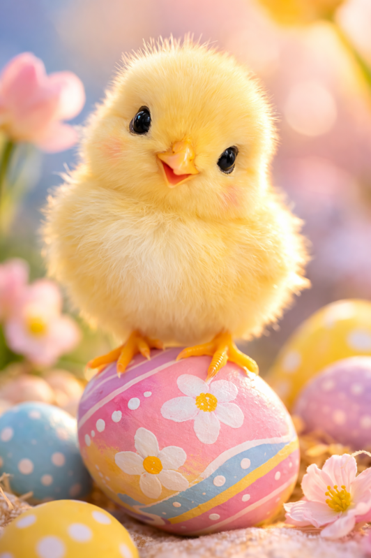 Close-up of a fluffy yellow baby chick perched on a pink Easter egg decorated with white flowers and colorful stripes