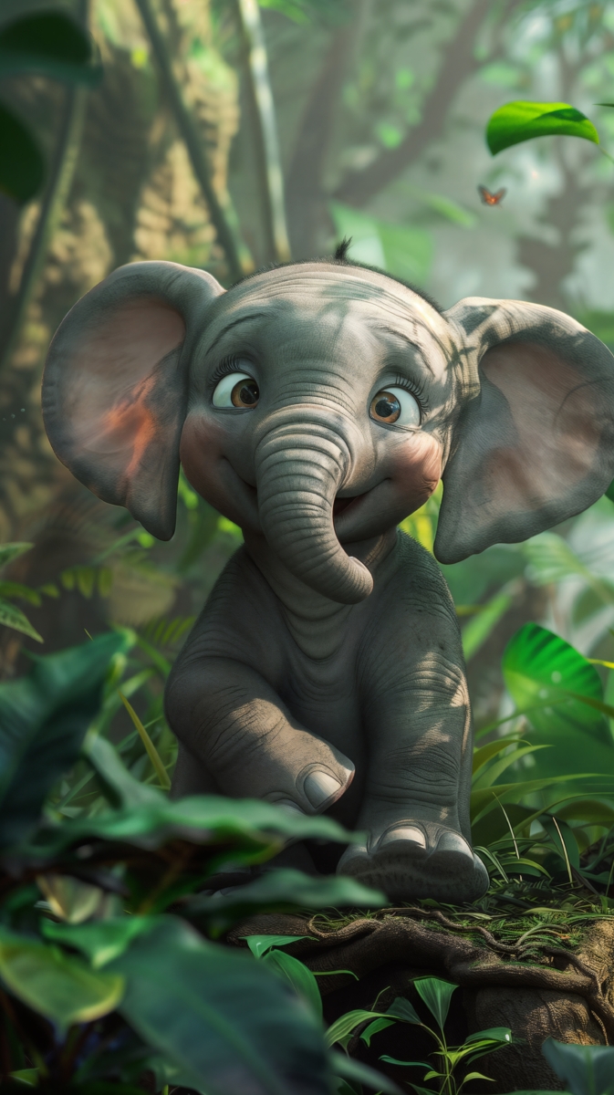 Cute animated baby elephant with big eyes and soft smile standing in lush green jungle environment