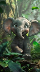 Cute animated baby elephant with big eyes and soft smile standing in lush green jungle environment