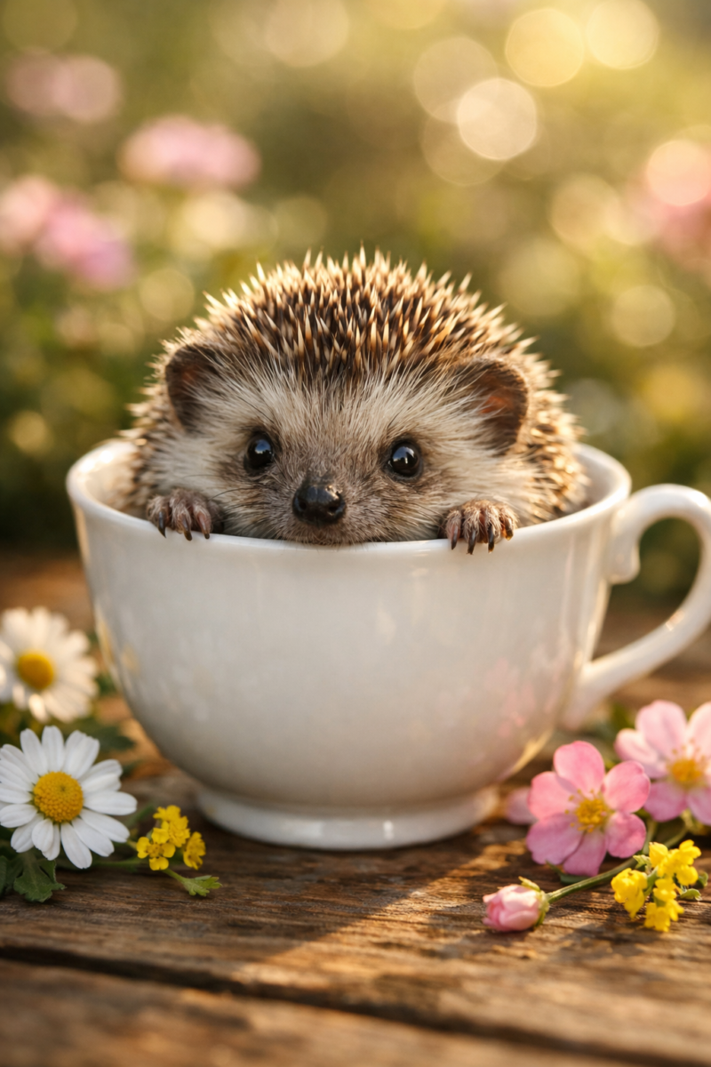 Adorable hedgehog sitting inside a white teacup surrounded by colorful flowers on a wooden surface.