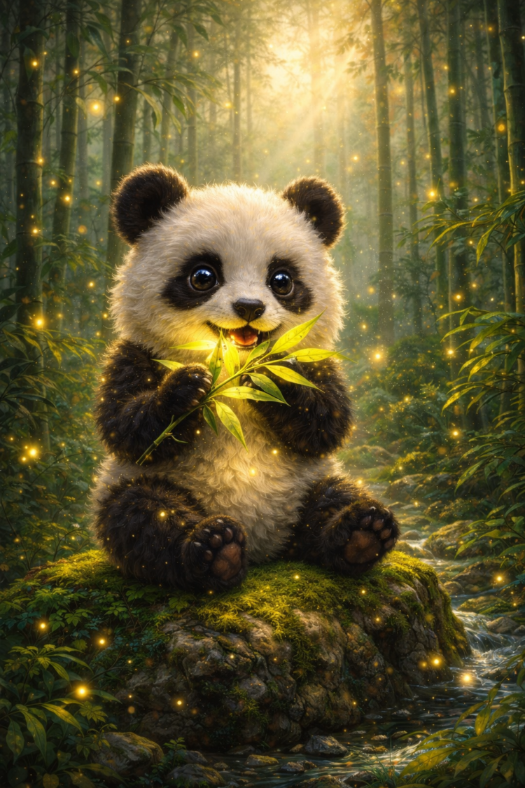 Cute baby panda sitting on a mossy rock in a glowing bamboo forest, nibbling on bamboo leaves with sunlight filtering through trees