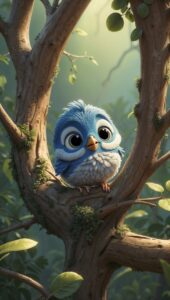 Cute animated blue bird with big eyes perched on a tree branch with soft natural background