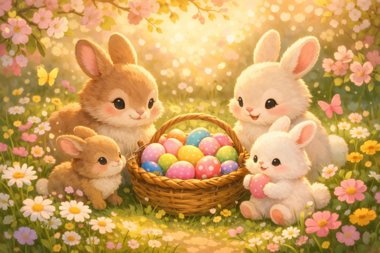 Cute Easter bunnies gathered around a basket filled with vibrant, polka-dotted eggs in a sunlit spring meadow