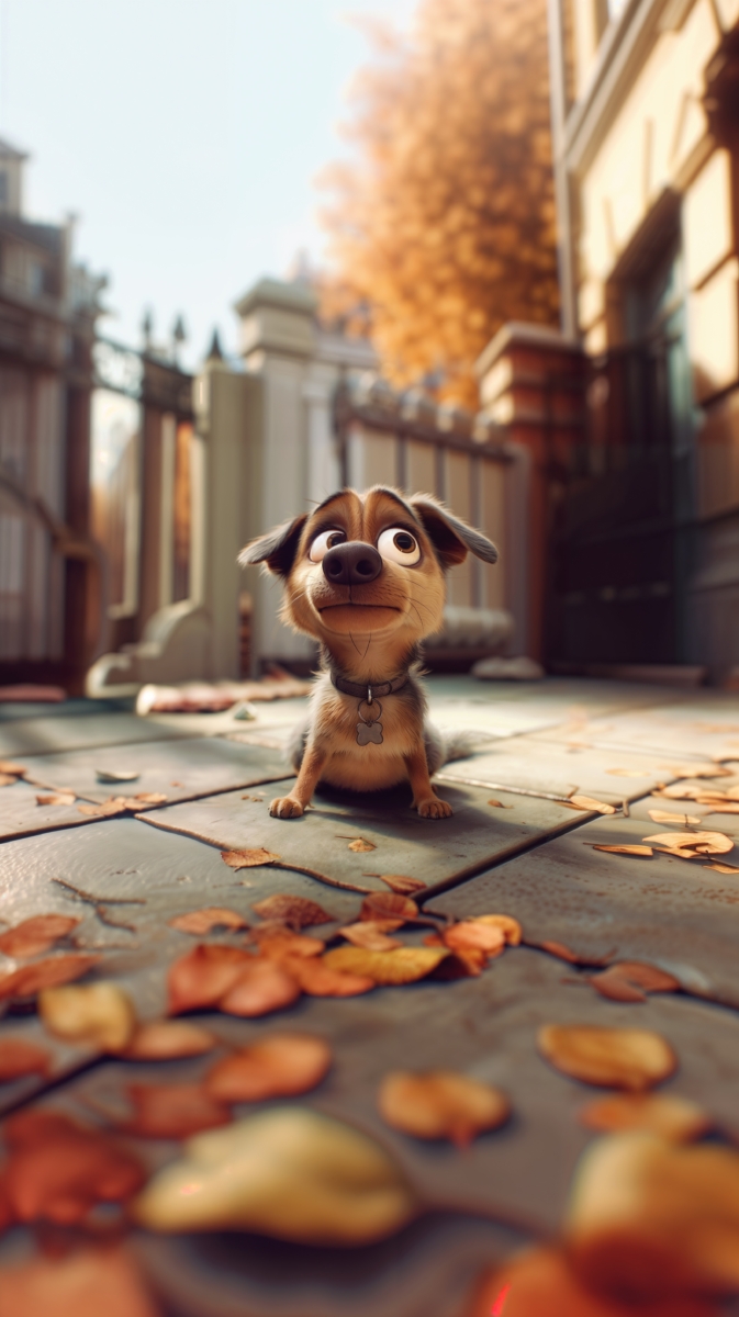 Animated small dog sitting on a leaf-covered pavement with a wrought iron fence and autumn trees in the background