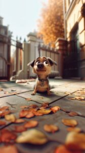 Animated small dog sitting on a leaf-covered pavement with a wrought iron fence and autumn trees in the background