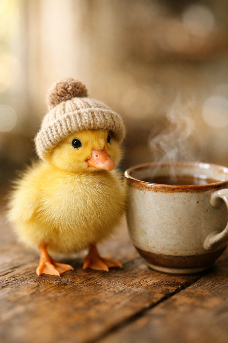 Yellow duckling wearing a beige knitted hat with a pom-pom standing on wooden surface beside a steaming cup