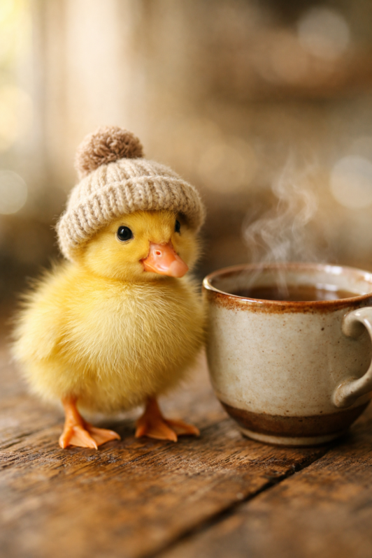 Adorable fluffy yellow duckling wearing a beige knitted hat standing beside a steaming ceramic cup on wooden surface