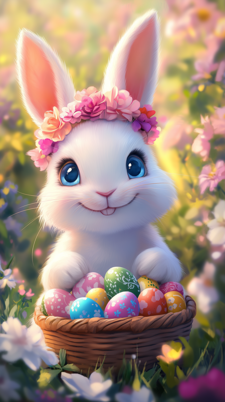 Adorable white bunny with blue eyes wearing a floral crown holding a basket filled with colorful decorated Easter eggs in a garden