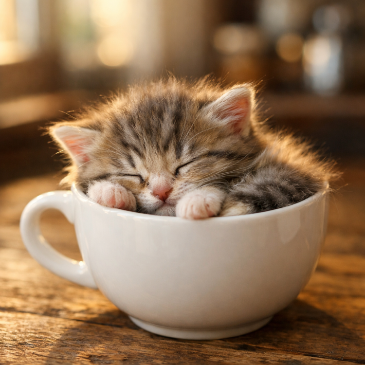 Adorable small tabby kitten sleeping inside a white teacup on wooden surface with warm sunlight