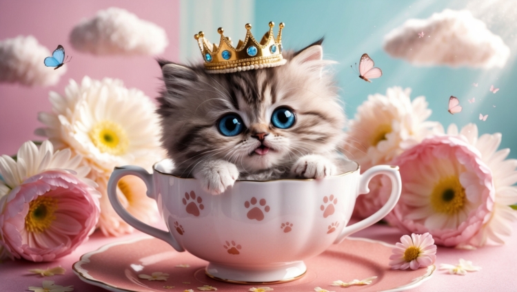 Fluffy kitten with big blue eyes and a golden crown sitting inside a teacup decorated with paw prints, surrounded by pastel flowers and butterflies